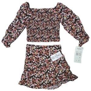 Rare Editions Kids‎ Girls Black Floral Smocked Crop Top Skort Set Size 8 (AB)
